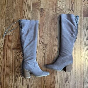 Taupe knee high suede boots